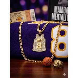 Kobe Bryant Jersey Pendant Necklace Gold Tone Rhinestone Number 8 Lakers Tribute